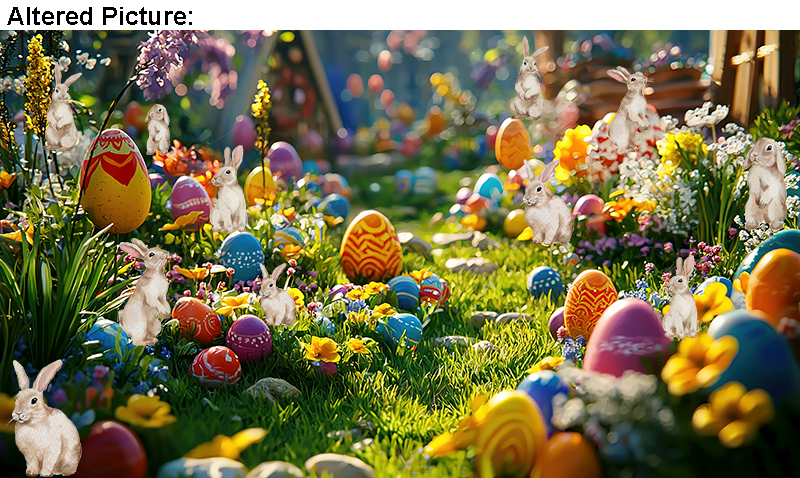 Altered Picture: Discover the vibrant easter egg hunt amidst a blooming garden of colorful flowers and fresh grass and rabbits