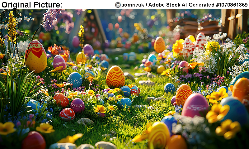 Original Picture: Discover the vibrant easter egg hunt amidst a blooming garden of colorful flowers and fresh grass