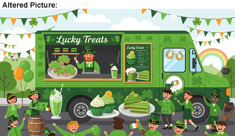 Altered Picture: Happy children gather around a green Lucky Treats food truck for St. Patrick's Day, enjoying festive desserts and drinks.