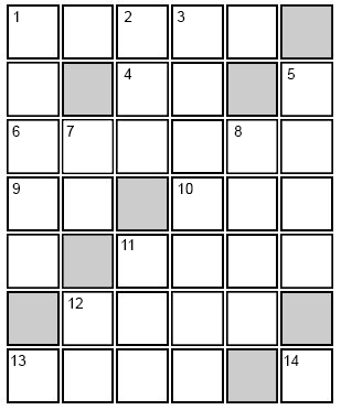 This crossword puzzle is a grid of 7 rows by 6 columns with 1 ACROSS and 1 DOWN starting in the upper left corner. See long description below.
