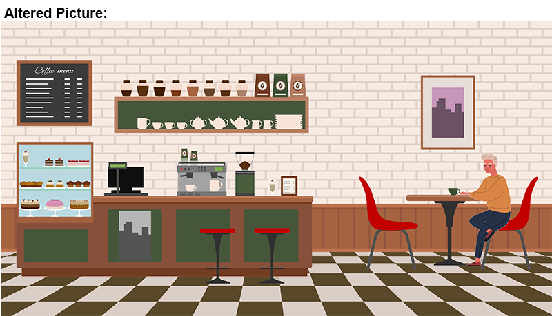 Cafe interior with a case of deserts, coffee machines, coffee cups, and tea pots, 2 empty counter stools, and a table with a guy sitting at it.