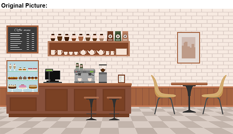 Empty cafe interior with a case of deserts, coffee machines, coffee cups, and tea pots, 2 empty counter stools, and a table with 2 chairs.
