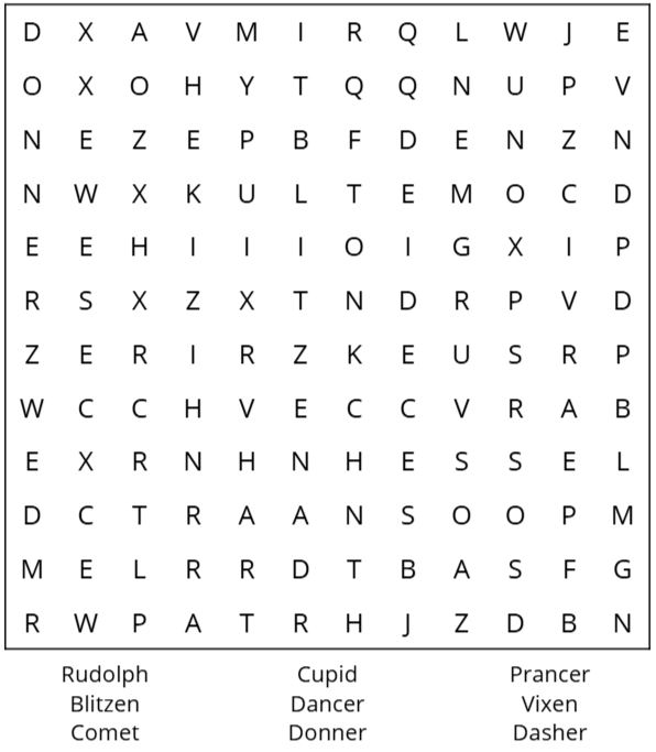 This word search puzzle is a grid of 12 rows of 12 characters. Words to find: Rudolph; Cupid; Prancer; Blitzen, Dancer, Vixen, Comet, Donner, Dasher. See long description below.
