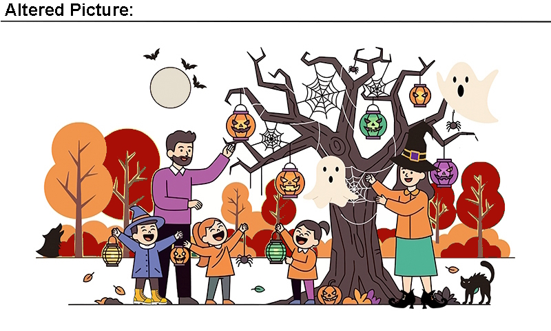 Altered Picture: A family decorates a tree with Halloween lanterns, surrounded by autumnal foliage and a full moon in a vibrant illustration. Items have been added to, or changed in, the picture for the game purposes.