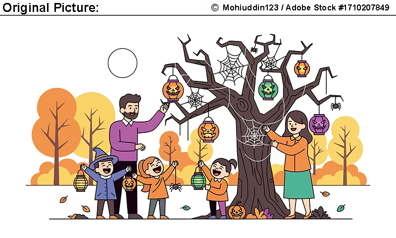 Original Picture: A family decorates a spooky tree with Halloween lanterns, surrounded by autumnal foliage and a full moon in a vibrant illustration, celebrating the spirit of the season.