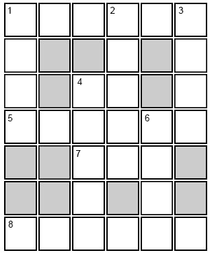This crossword puzzle is a grid of 7 rows by 6 columns with 1 ACROSS and 1 DOWN starting in the upper left corner. See grid description below.