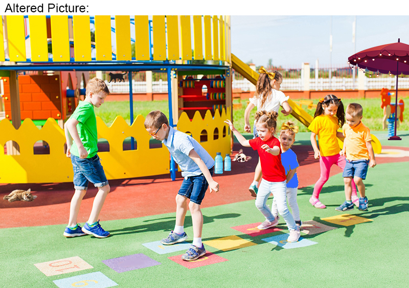 Altered Picture: Seven kids are playing hopscotch in front of large play area encircled with a yellow metal fence.