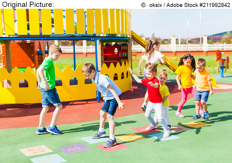 Original Picture: Seven kids are playing hopscotch in front of large play area encircled with a yellow metal fence.