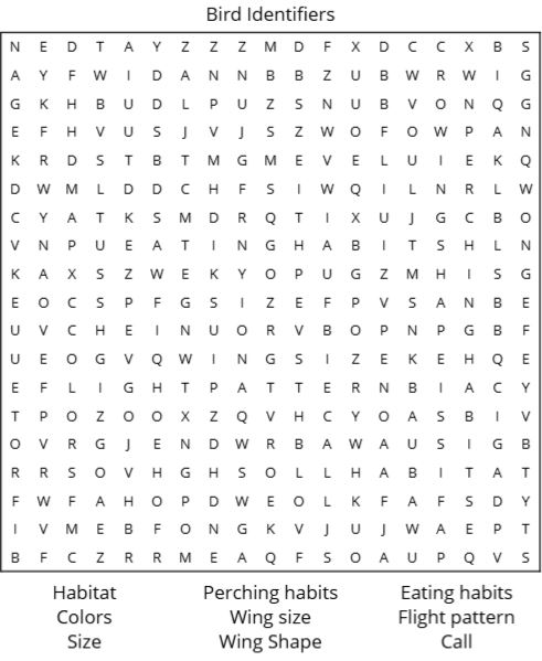 This word search puzzle is a grid of 19 rows of 19 characters. Words to find: Habitat, Colors, Size, Perching habits, Wing size, Wing shape, Eating habits, Flight pattern, Call. See long description below.