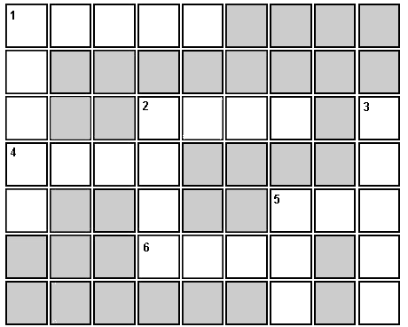 This crossword puzzle is 7 rows by 9 columns with 1 ACROSS and 1 DOWN starting in the upper left corner. See grid description below.