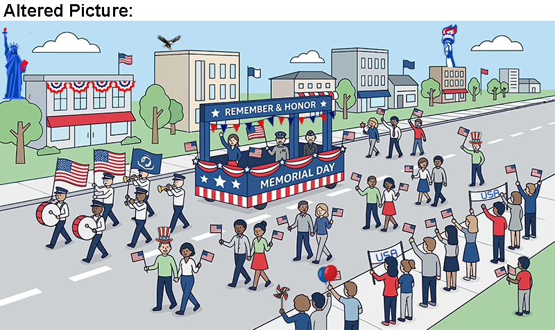 Altered Picture: An abstract flat design illustration capturing the essence of a Memorial Day parade, with stylized figures and patriotic elements, and additional patriotic graphics, symbolizing community and respectful remembrance.