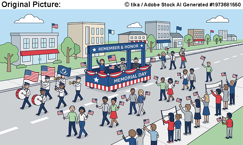 Original Picture: An abstract flat design illustration capturing the essence of a Memorial Day parade, with stylized figures and patriotic elements, symbolizing community and respectful remembrance.