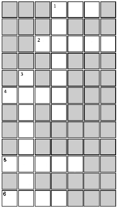 This crossword puzzle is a grid of 12 rows by 7 columns with 1 ACROSS and 1 DOWN starting in the fouth square from the upper left corner. See long description below.