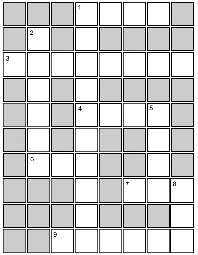 This crossword puzzle is a grid of 10 rows by 8 columns with 1 ACROSS and 1 DOWN starting in the fourth square from the upper left corner. See long description below.