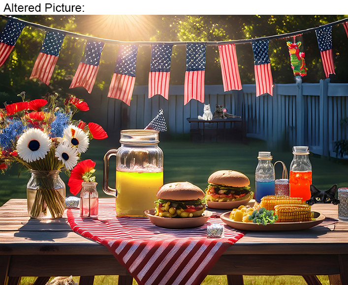 Altered Picture: A festive Labor Day picnic with a rustic table, wildflowers, flags, a pinata, lanterns, summer foods, drinks, and cats in warm sun.