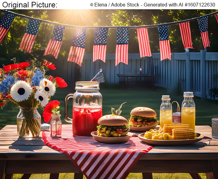 Original Picture: A festive Labor Day picnic with a rustic table, wildflowers, flags, lanterns, summer foods, and drinks in warm sun. Patriotic, cheerful, laid-back backyard celebration.