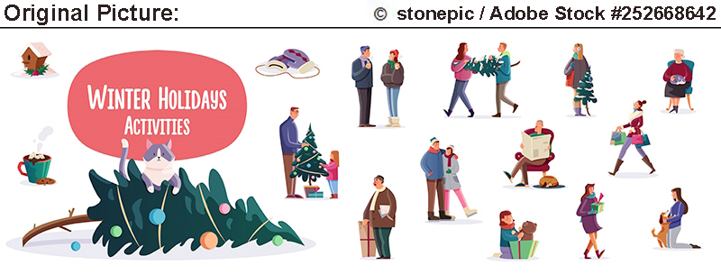 Original Picture: Flat cartoon characters performing winter holidays activities